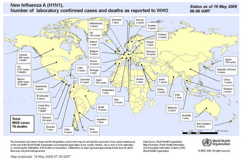 2009/05/19現在のインフルエンザA型の感染者確認国